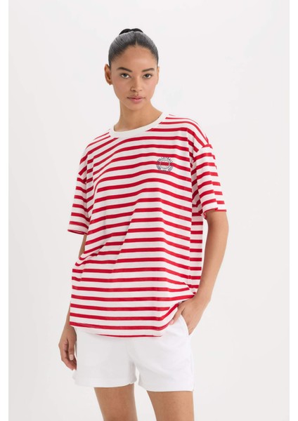 fit Oversize Geniş Kalıp Bisiklet Yaka Slogan Baskılı Sporcu Kısa Kollu TIŞÖRT E2782AX25SM modelleri