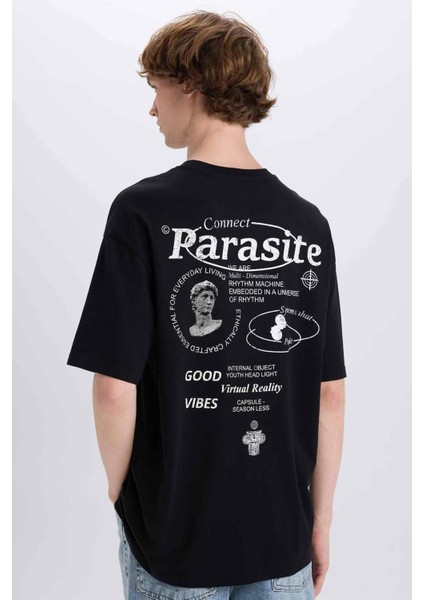 %100 Pamuk Boxy Fit Bisiklet Yaka Sırt Baskılı Kısa Kollu Tişört E4545AX25SM