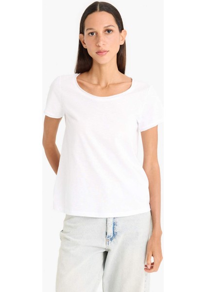 Regular Fit Yuvarlak Yaka Basic Düz Kısa Kollu Beyaz Tişört K1508AZ25SM fırsatları