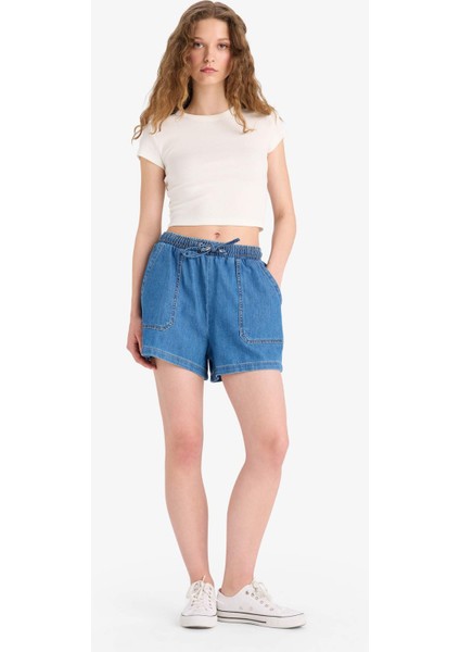 Yüksek Bel Esnek Belli Bağcıklı Yumuşak Jean Şort E0958AX25SM