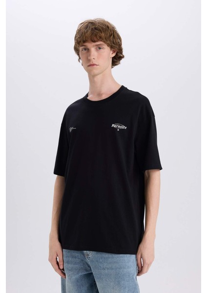 %100 Pamuk Boxy Fit Bisiklet Yaka Sırt Baskılı Kısa Kollu Tişört E4545AX25SM fırsatları