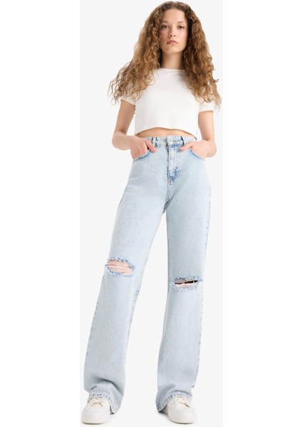 Straight Wide Yırtık Detaylı Yüksek Bel Uzun Jean Yıkamalı Pantolon E8016AX25SM modelleri