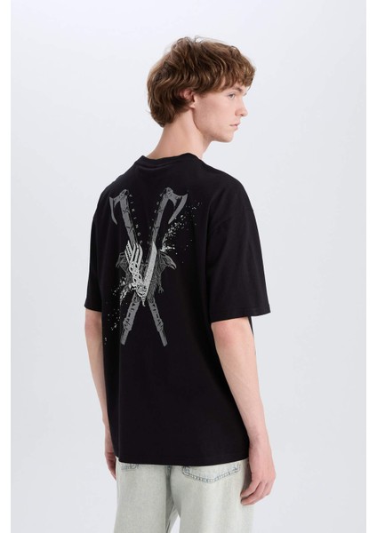 %100 Pamuk Vikings Valhalla Boxy Fit Bisiklet Yaka Sırt Baskılı Kısa Kollu Tişört E3277AX25SM