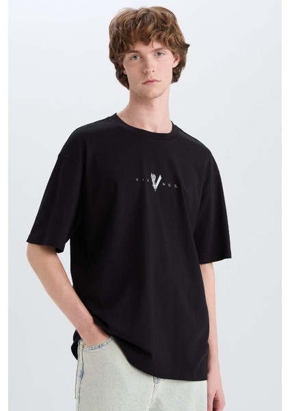 %100 Pamuk Vikings Valhalla Boxy Fit Bisiklet Yaka Sırt Baskılı Kısa Kollu Tişört E3277AX25SM modelleri