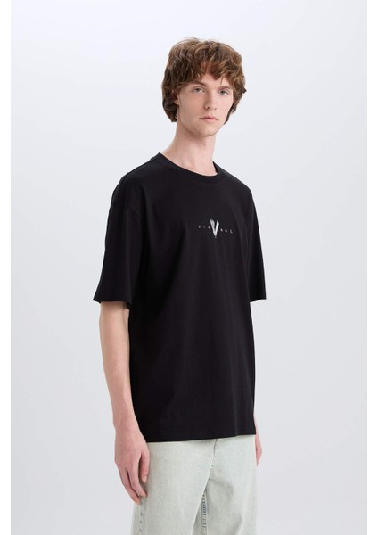 %100 Pamuk Vikings Valhalla Boxy Fit Bisiklet Yaka Sırt Baskılı Kısa Kollu Tişört E3277AX25SM fırsatları