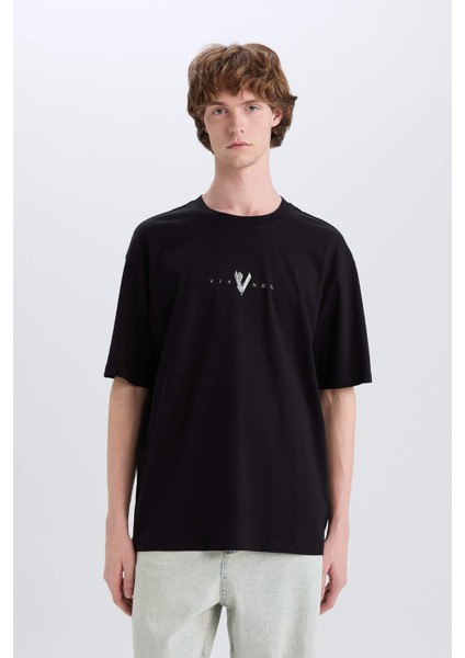 %100 Pamuk Vikings Valhalla Boxy Fit Bisiklet Yaka Sırt Baskılı Kısa Kollu Tişört E3277AX25SM indirimleri