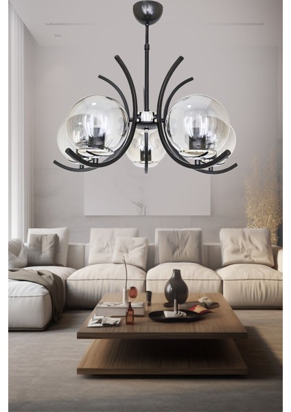 Füme Renkli 5'li Metal Sarkıt Avize, Oturma ve Salon Dekoru, Modern Tasarım