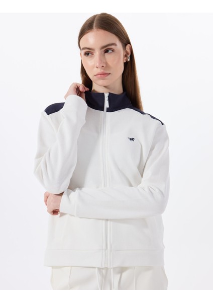 Fermuarlı Yaka Nakışlı Beyaz Kadın Sweatshırt M5SL-SWT1643 fırsatları