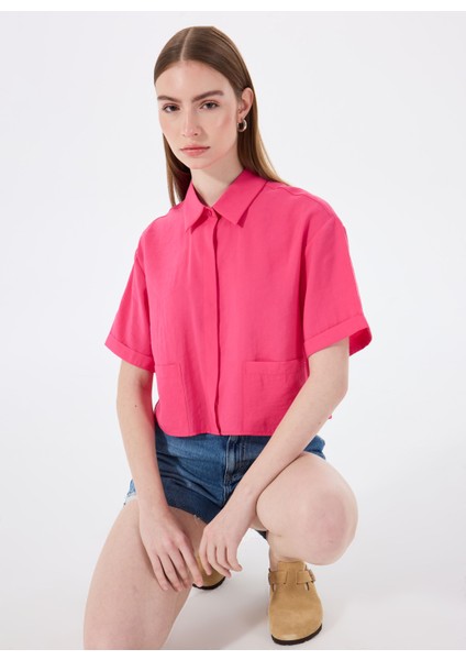 Normal Gömlek Yaka Düz Pembe Kadın Gömlek M5SL-GML1297