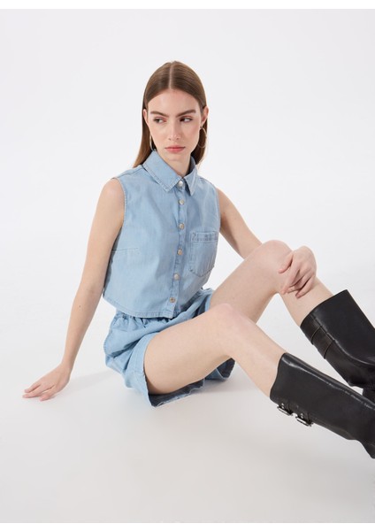 Normal Gömlek Yaka Yıkamalı Mavi Kadın Denim Gömlek M5SL-GML1293 fiyatları
