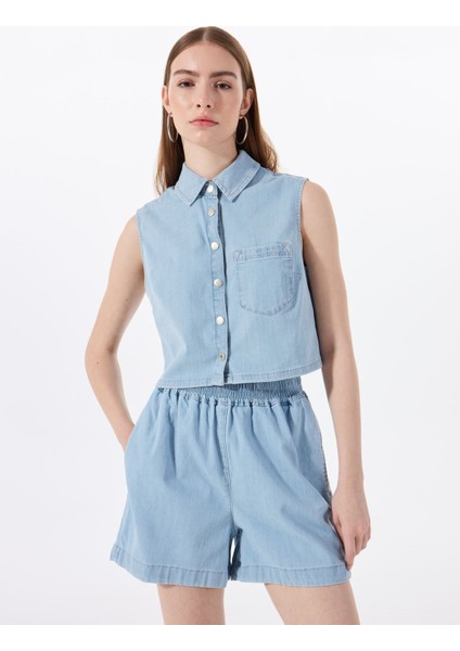 Normal Gömlek Yaka Yıkamalı Mavi Kadın Denim Gömlek M5SL-GML1293 indirimleri