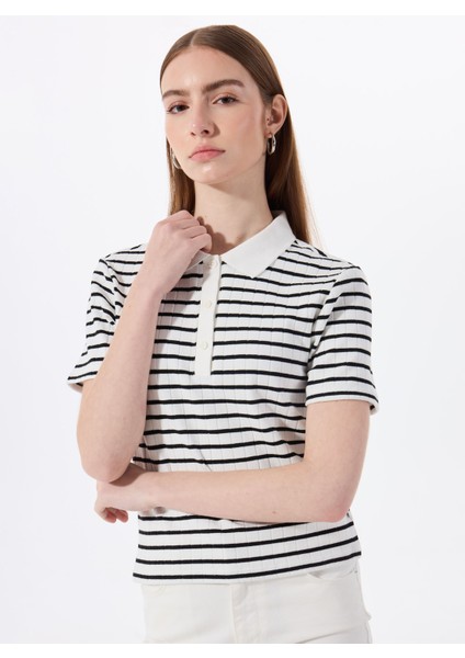 Polo Yaka Çizgili Siyah - Beyaz Kadın T-Shirt M5SL-TST1159