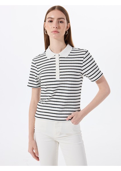 Polo Yaka Çizgili Siyah - Beyaz Kadın T-Shirt M5SL-TST1159 fiyatları