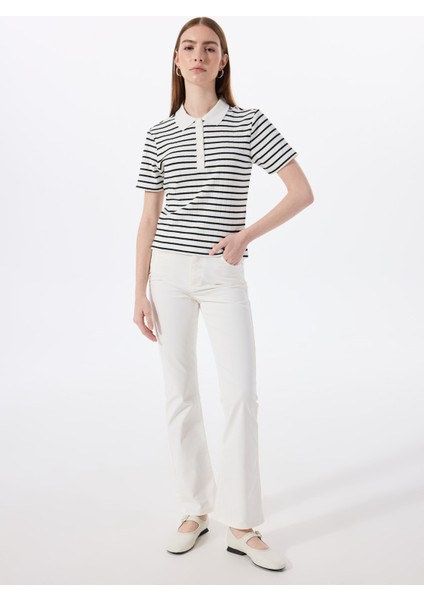 Polo Yaka Çizgili Siyah - Beyaz Kadın T-Shirt M5SL-TST1159 modelleri