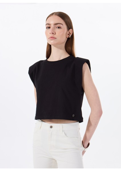 Bisiklet Yaka Düz Siyah Kadın T-Shirt M5SL-TST1170 modelleri