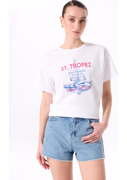 Bisiklet Yaka Baskılı Beyaz Kadın T-Shirt F5SL-TST0462 fiyatları