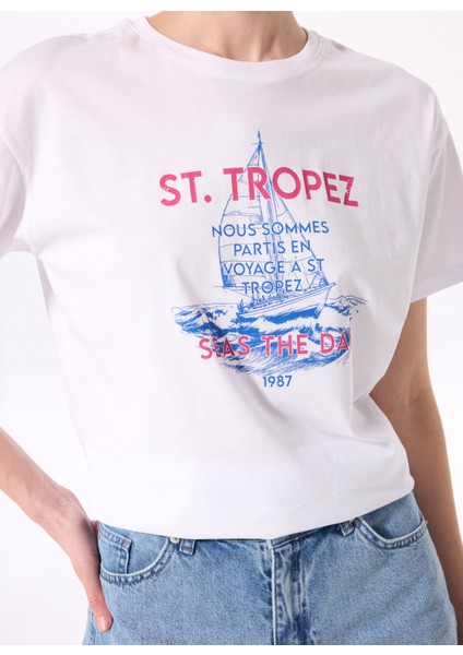 Bisiklet Yaka Baskılı Beyaz Kadın T-Shirt F5SL-TST0462 fırsatları