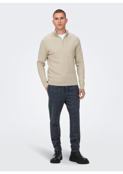 Normal Düz Ekru Erkek Kazak Onsphıl Reg 12 Struc Half Zıp Knıt