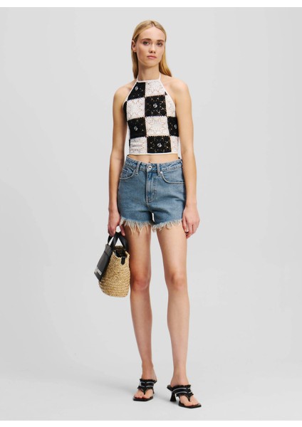 Karl Lagerfeld Jeans Bebe Yaka Kareli Siyah - Beyaz Kadın Bluz A2W18003