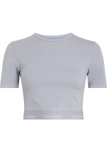 LVGWS5K144P7A-MDRN Gri Yuvarlak Yaka Crop Düz Kadın T-Shirt