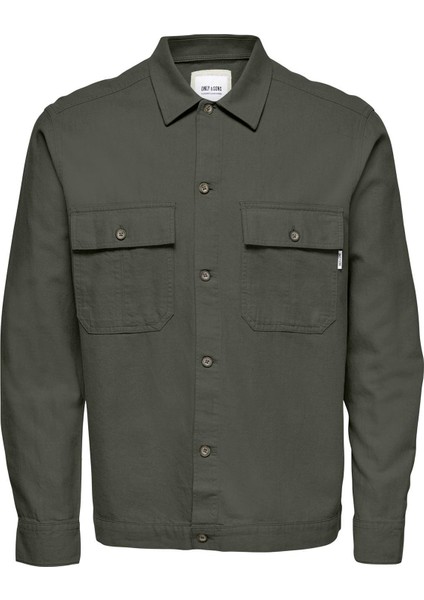 Normal Yeşil Düz Erkek Gömlek Onskennet Ls Lınen Overshırt Noos