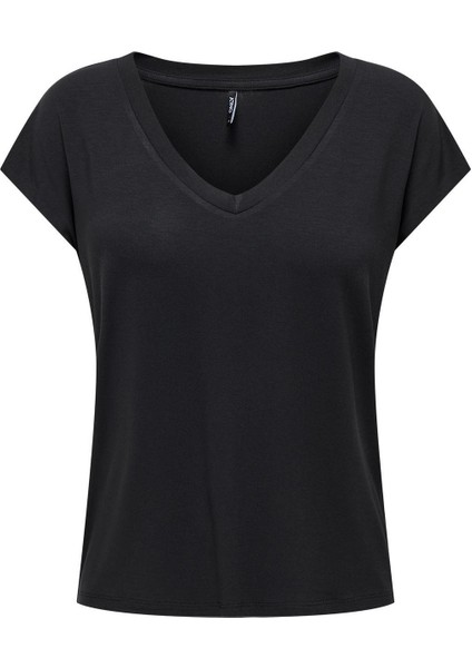 V Yaka Düz Siyah Kadın T-Shirt Onlrılla S/s V-Neck Top Jrs