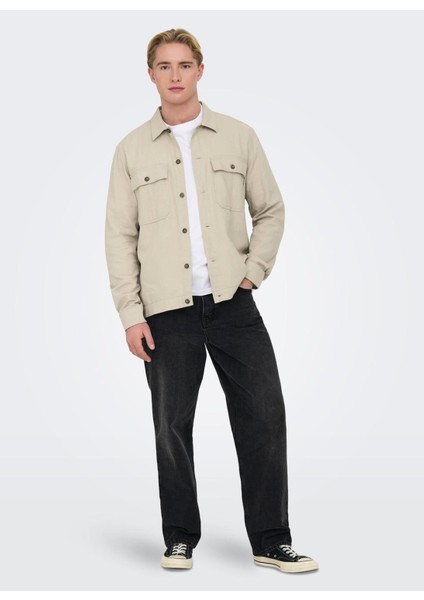 Normal Ekru Düz Erkek Gömlek Onskennet Ls Lınen Overshırt Noos