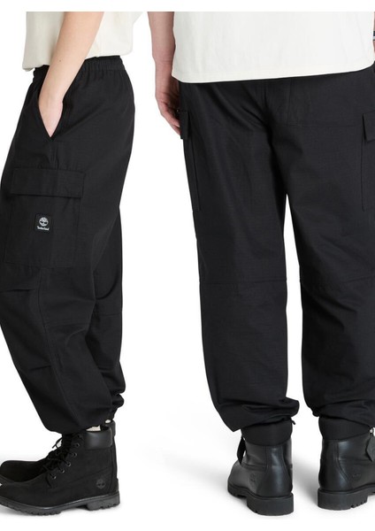 Woven Badge Ripstop Cargo Pant Siyah Normal Paça Erkek Kargo Pantolon