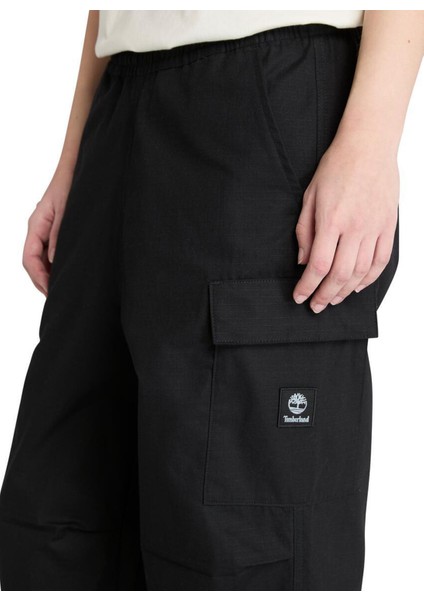 Woven Badge Ripstop Cargo Pant Siyah Normal Paça Erkek Kargo Pantolon