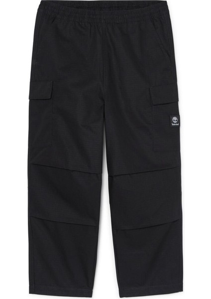 Woven Badge Ripstop Cargo Pant Siyah Normal Paça Erkek Kargo Pantolon