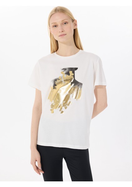 Yuvarlak Yaka Baskılı Ekru Kadın T-Shirt L5SL-TST5814