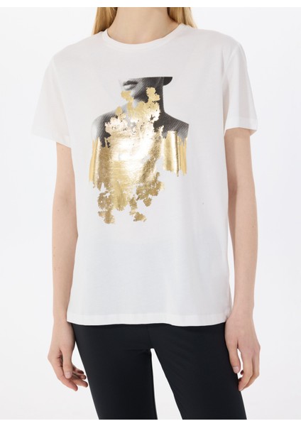 Yuvarlak Yaka Baskılı Ekru Kadın T-Shirt L5SL-TST5814 fırsatları