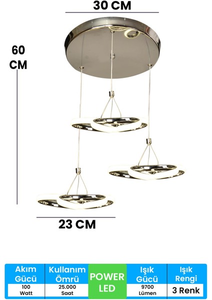 Üçlü Orkide 3 Renk Kumandalı LED Avize Gümüş Salon Avize Salon Avize Oturma Odası Avize