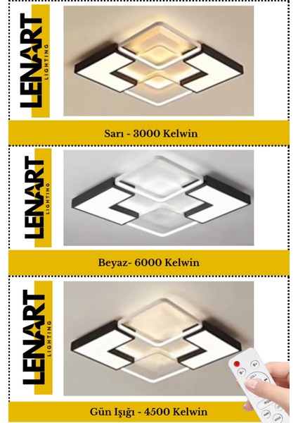 Yüksek Aydınlatmalı Kare Tavan LED Avize, 3 Renkli Kumandalı, Metal, Siyah/Beyaz