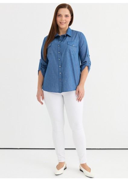 Polo Yaka Çizgili Indigo Kadın Bluz 25YSL8134-BB
