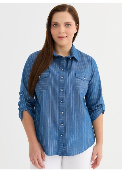 Polo Yaka Çizgili Indigo Kadın Bluz 25YSL8134-BB fiyatları