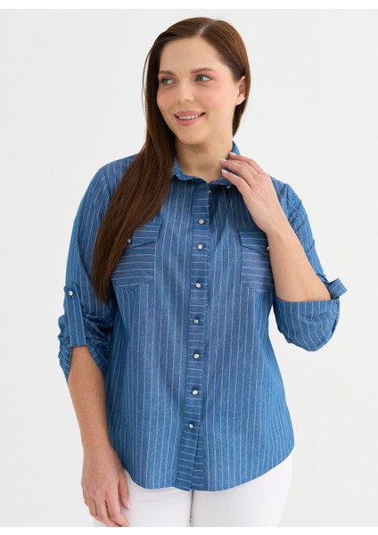 Polo Yaka Çizgili Indigo Kadın Bluz 25YSL8134-BB modelleri
