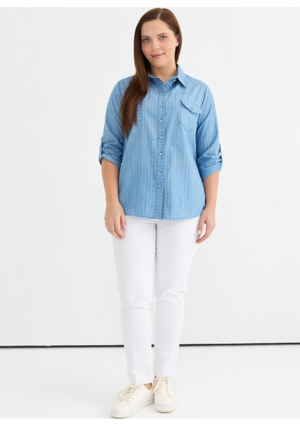Polo Yaka Çizgili Mavi Kadın Bluz 25YSL8134-BB