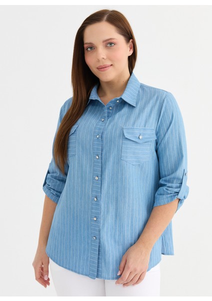 Polo Yaka Çizgili Mavi Kadın Bluz 25YSL8134-BB fiyatları
