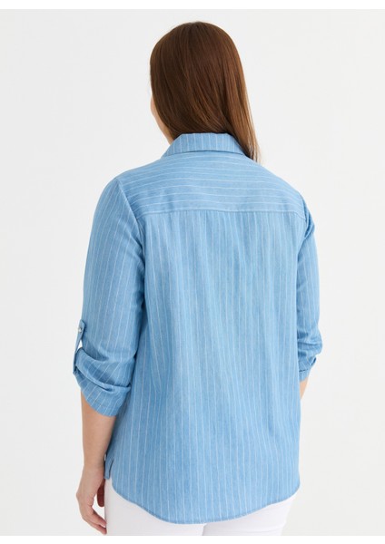 Polo Yaka Çizgili Mavi Kadın Bluz 25YSL8134-BB fırsatları