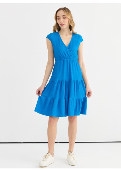 Kruvaze Yaka Desenli Mavi Standart Kadın Elbise 25YSL7638