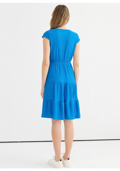 Kruvaze Yaka Desenli Mavi Standart Kadın Elbise 25YSL7638