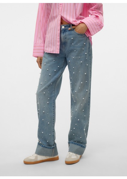 Orta Bel Düz Paça Düz Mavi Kadın Denim Pantolon Vmallıson Mr Straıght Pearl Jeans S