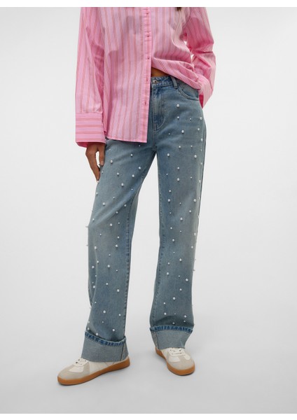 Orta Bel Düz Paça Düz Mavi Kadın Denim Pantolon Vmallıson Mr Straıght Pearl Jeans S
