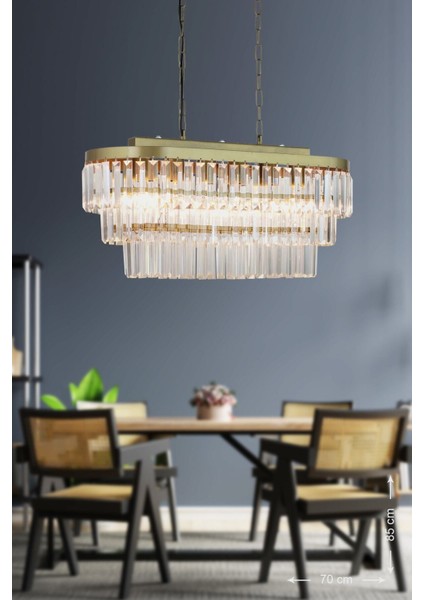 Linsa 70 x 30 cm Kristal Cam Taşlı Yemek Masası Üstü Lüks Avize (Eskitme Renk)