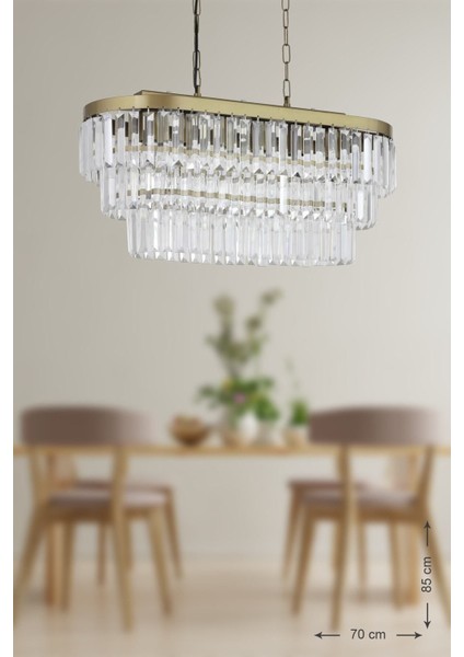 Linsa 70 x 30 cm Kristal Cam Taşlı Yemek Masası Üstü Lüks Avize (Eskitme Renk)