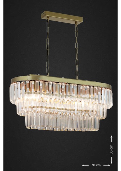 Linsa 70 x 30 cm Kristal Cam Taşlı Yemek Masası Üstü Lüks Avize (Eskitme Renk)