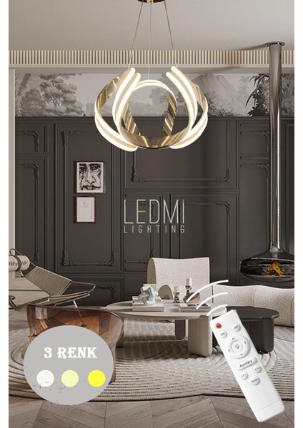 Gold Kumandalı Ledli Avize, Salon Avizesi, Modern Aydınlatma Avizesi, Tasarım Ledli Avize