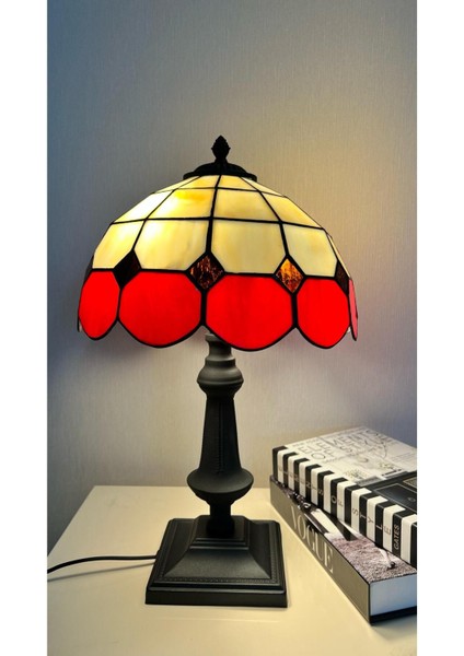 El Yapımı Vitray Retro Barok Abajur Masa Lambası Oturma ve Yatak Odası Kırmızı Beyaz Siyah