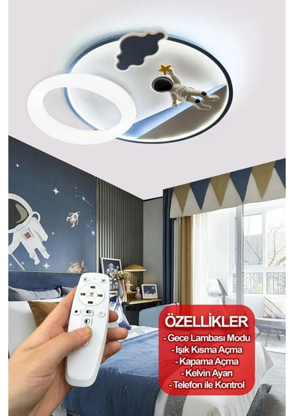 Mavi Çocuk Odası Led Avize, Kumandalı, Alüminyum, Klasik Tasarım